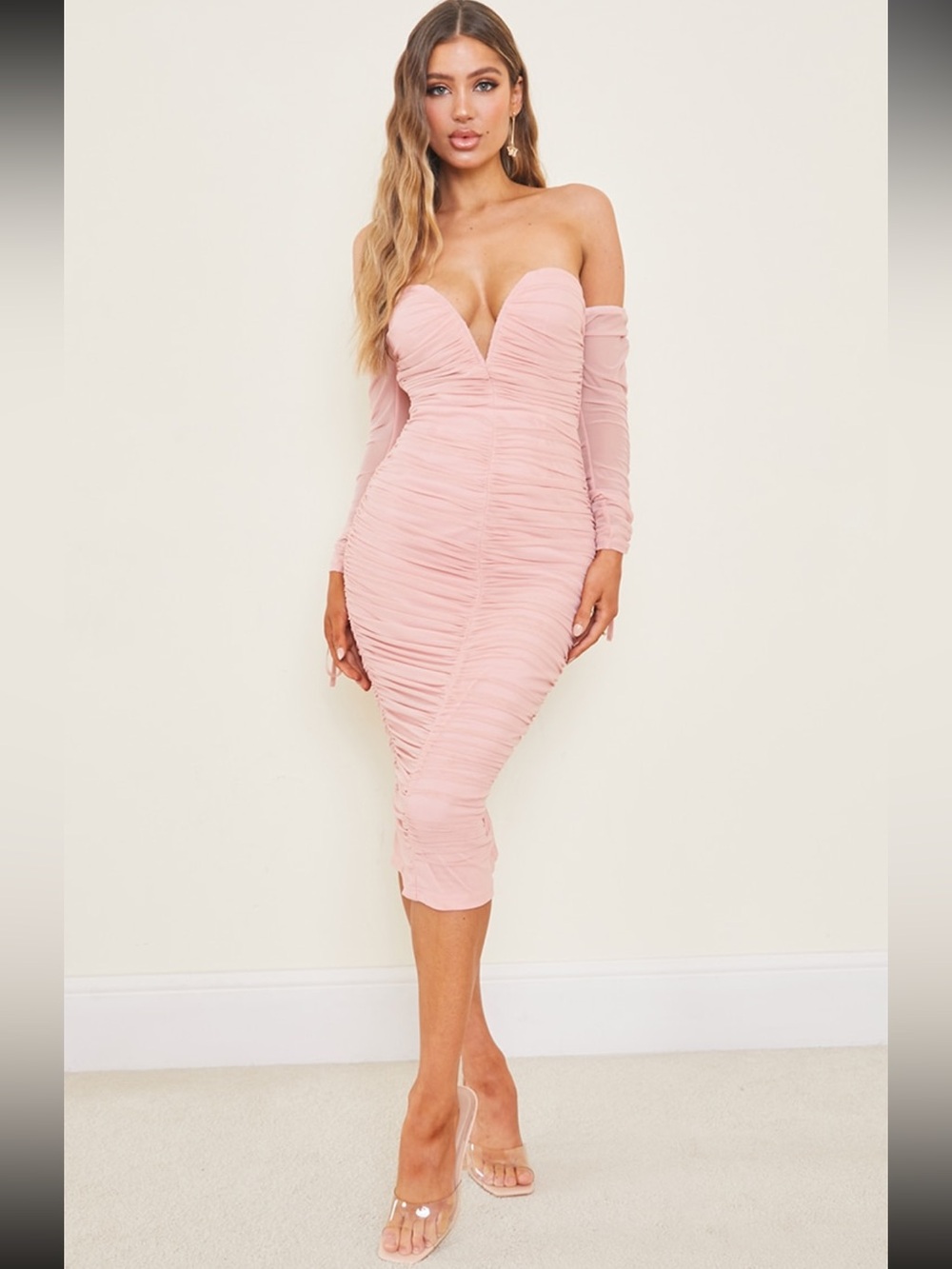 PrettyLittleThing Blush Pink Off-Shoulder Ruched Midi Dress